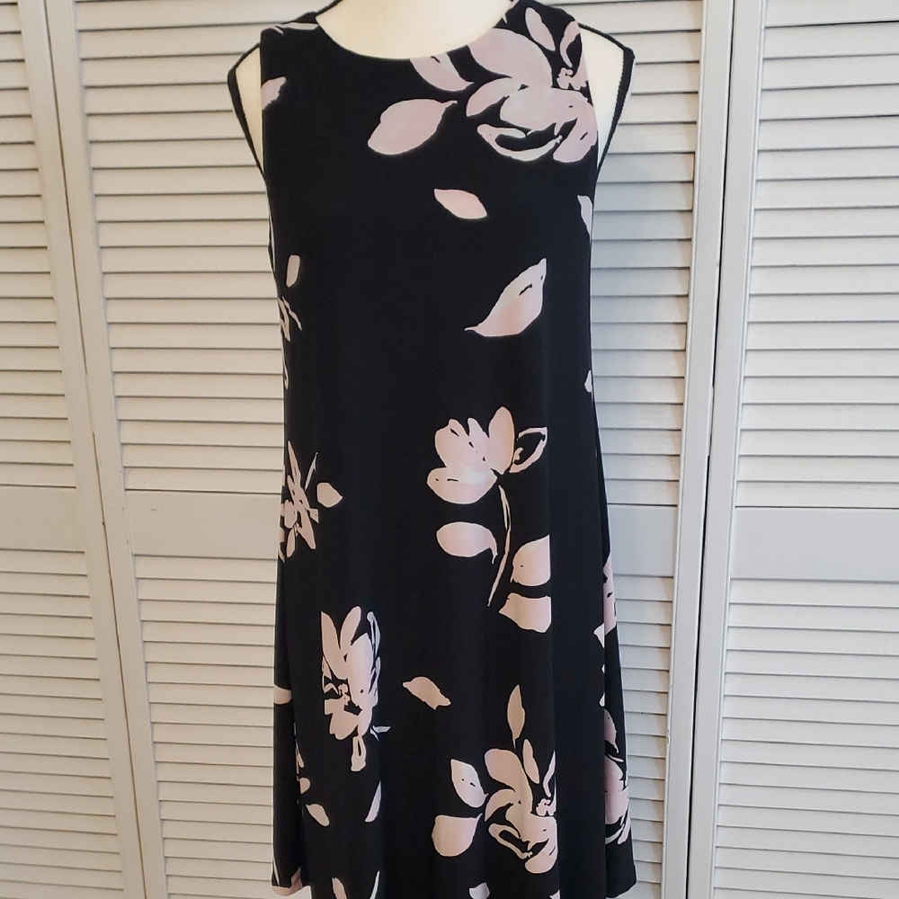 Chaps Floral Black and Pink A-line Dress, Size Medium